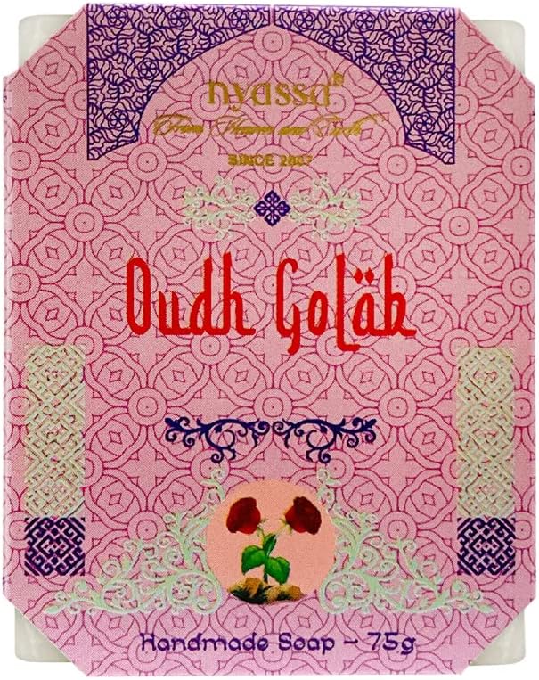 Nyassa Luxurious Oudh Golab Handmade Natural Bathing Soap | Rose Petal Extract, Organic Sweet Almond Oil |Musky Fragrance | Moisturizer | All Skin Type 75gm