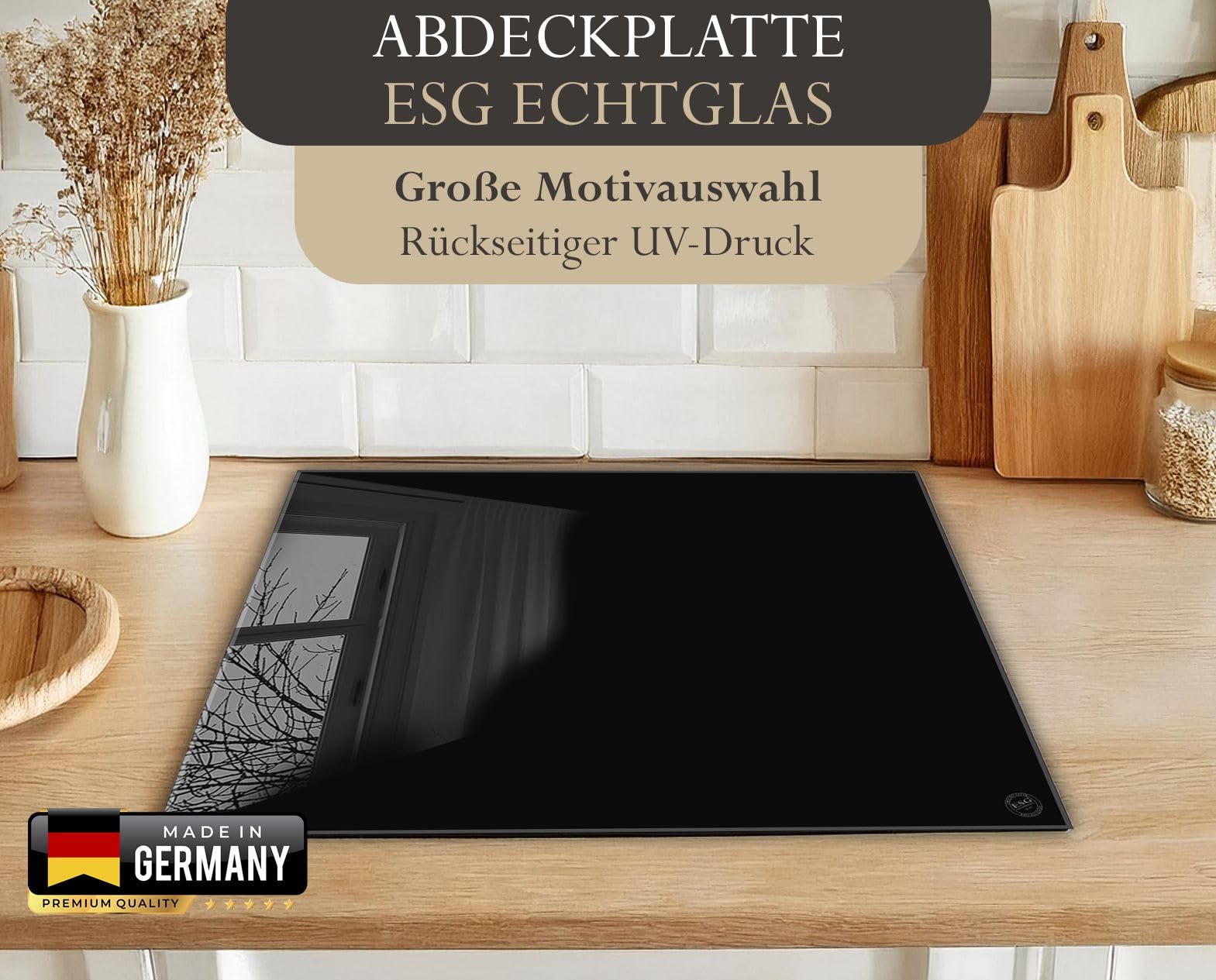 ®timalo Herdabdeckplatte einteilig | 80 x 52 cm Pure Black, Schwarz | einfarbig uni | 4mm ESG-Glas Ceranfeldabdeckung, Glasplatte, Schneidebrett, Abdeckplatte, Herd, Induktion