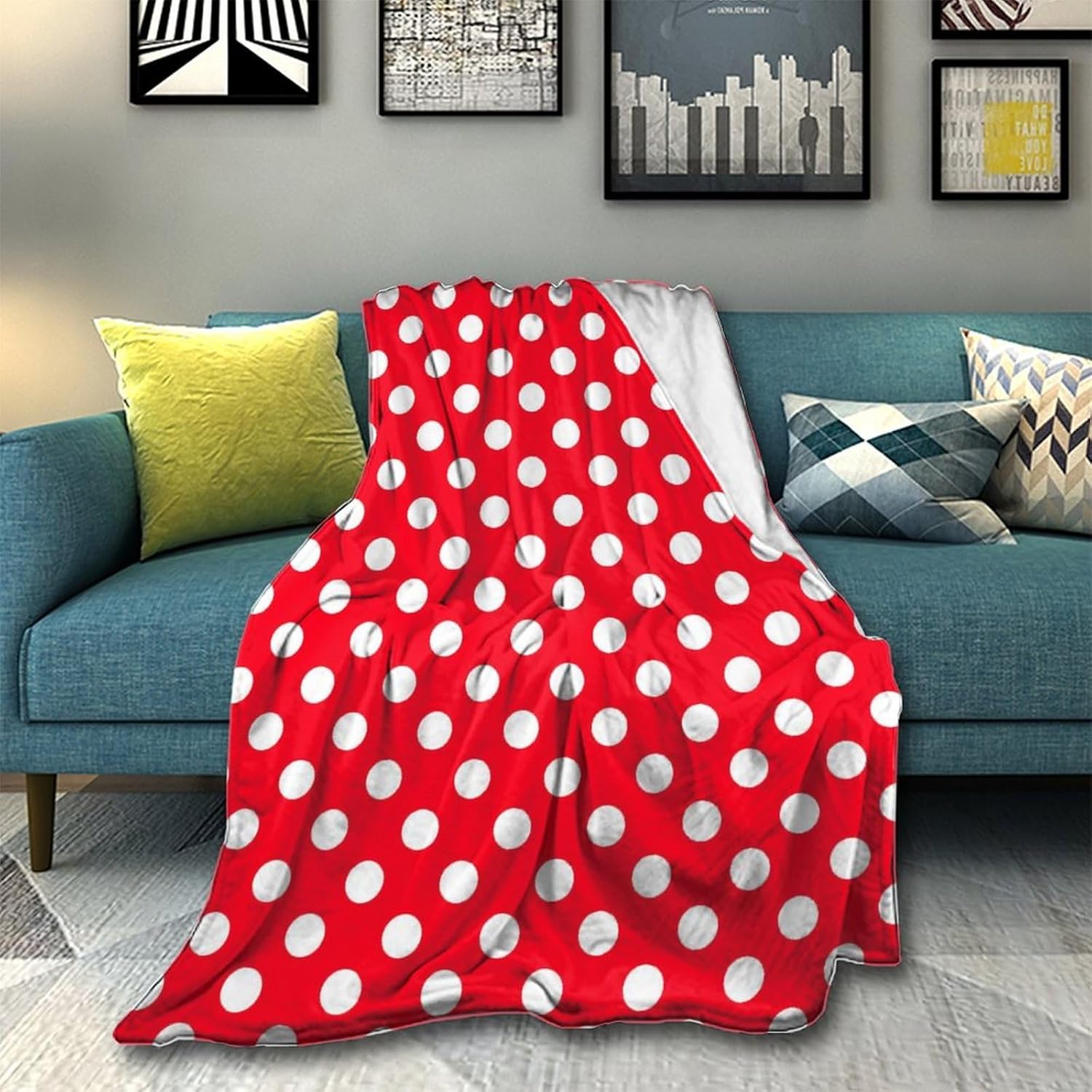 Soft Blanket Fleece Plush Sofa Couch Blanket, Tv Bed Blanket Throw, Comfy Cozy Fluffy Warm, Blanket - White Red Polka Dots