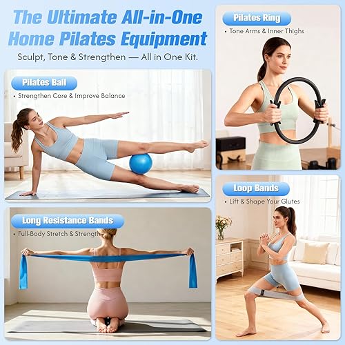 Miniatura 2 de GINMIC Equipo de pilates, kit de pilates para mujeres, entrenamientos en casa, juego de pilates con anillo de pilates, pelota de pilates, bandas de