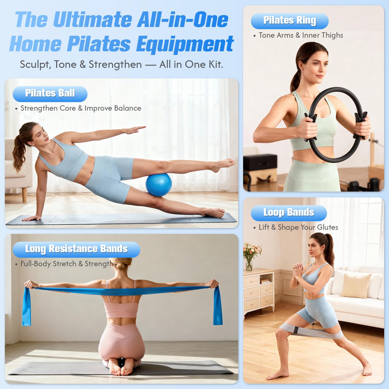 GINMIC Kit Pilates en Casa, 13 Piezas Pilates Kit con Aros Pilates, Pelota, Banda Fitness, Bandas Elásticas y Accesorios de Entrenamiento, Es el Regalo Ideal para Principiantes y Mujeres