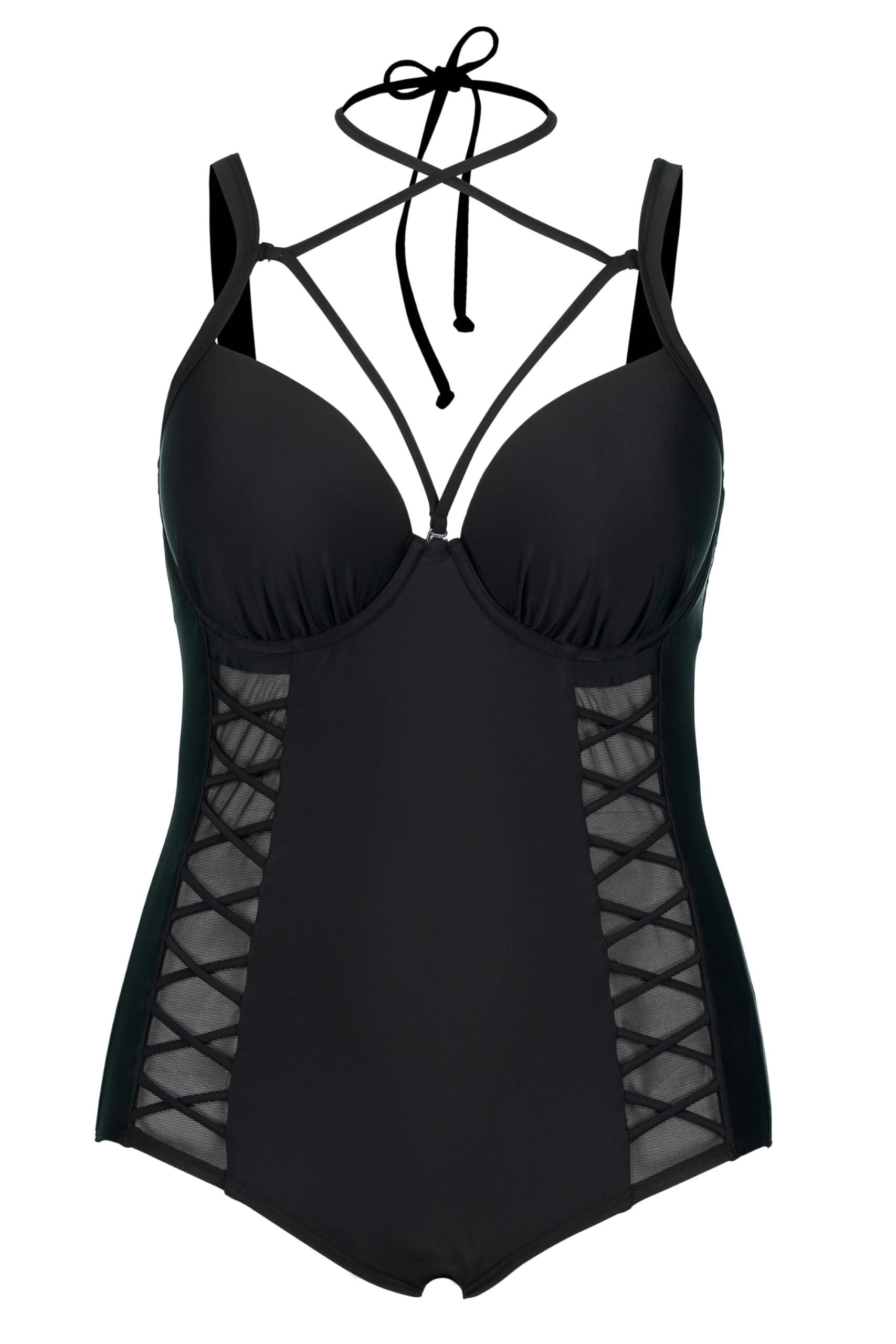 Ulla Popken Damen große Größen Übergrößen Plus Size Badeanzug, Bügel-Softcups, Neckholder 804884
