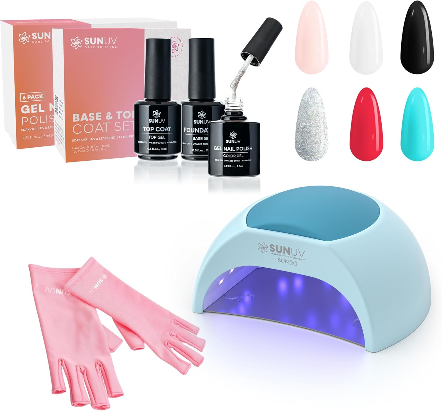 SUNUV SUN2C Blue Nails Lamp,Hema-Free 6 Colors Gel Nail Polish Kit with Top Base Coat and Pink Gloves