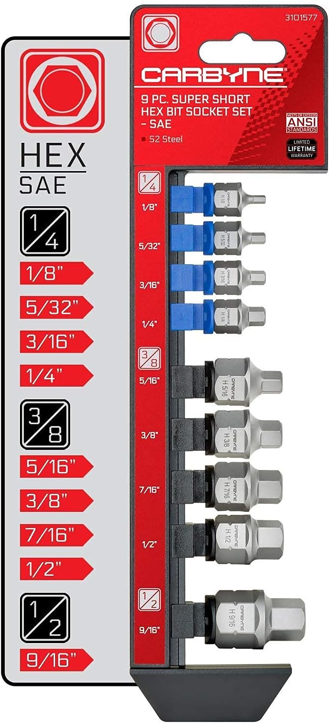 CARBYNE 2 Super Short Bit Socket Sets - 9 Piece SAE Hex AND 9 Piece Metric Hex - - 