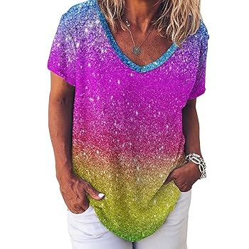 Pastel Color Rainbow Glitter T Shirts for Women V Neck Tops
