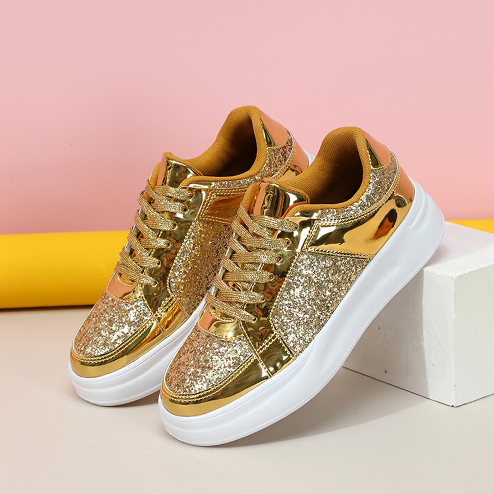 Zapatillas de deporte para mujer con plataforma gruesa con purpurina y
