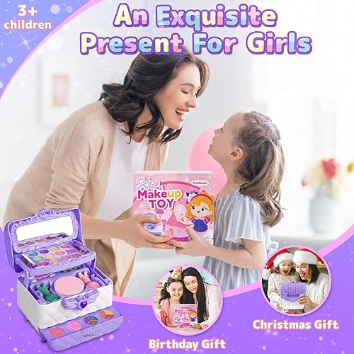 Miniatura 6 de Juego de maquillaje para niños para niñas, juego de caja de maquillaje cosmética lavable real con espejo, kit de disfraz de princesa suave y
