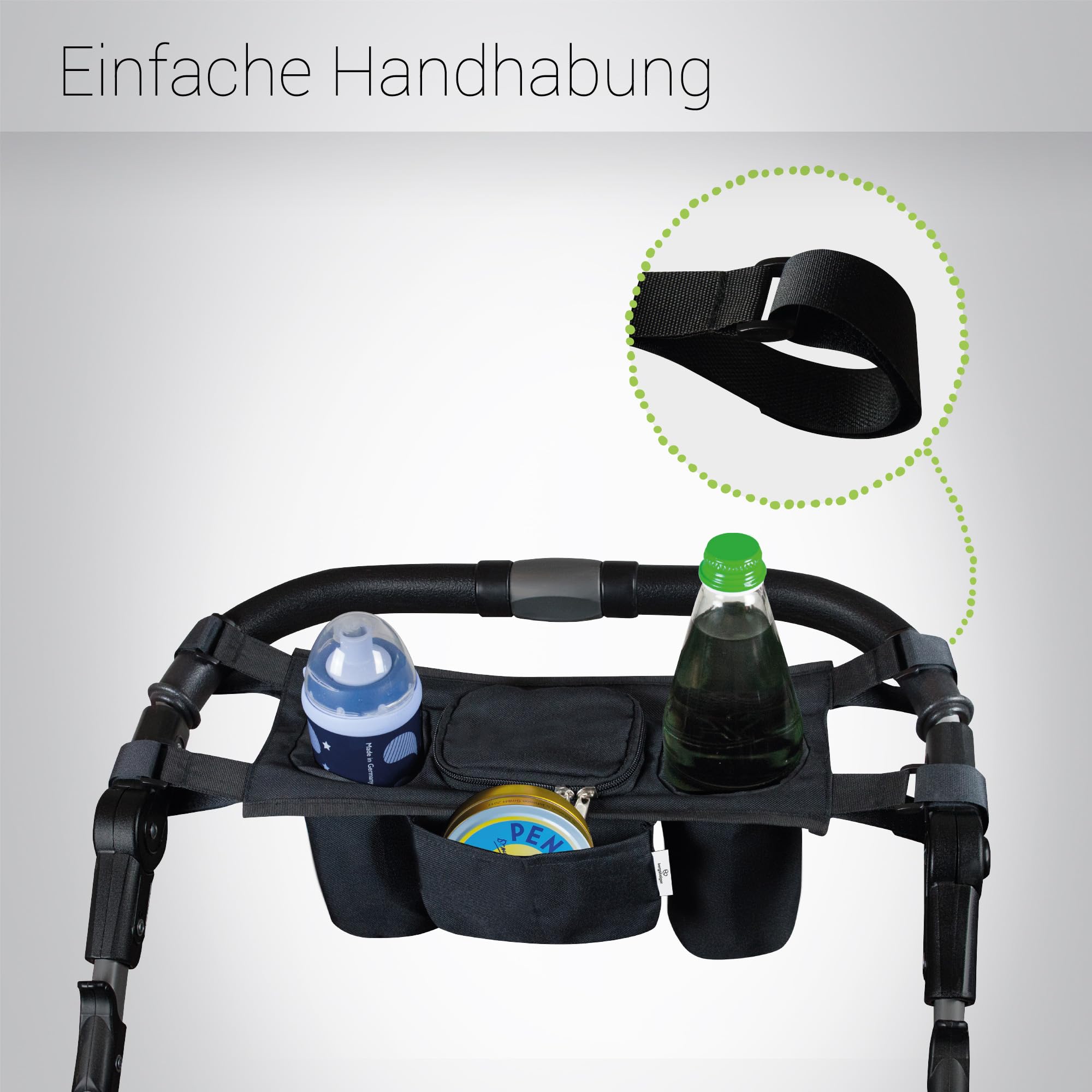 Bergsteiger Kinderwagen Organizer Basic großes Mittelfach universal | Leichtes Zubehör mit einfacher Handhabung und zwei Getränkehaltern dank Klettverschluss passend für alle Buggys