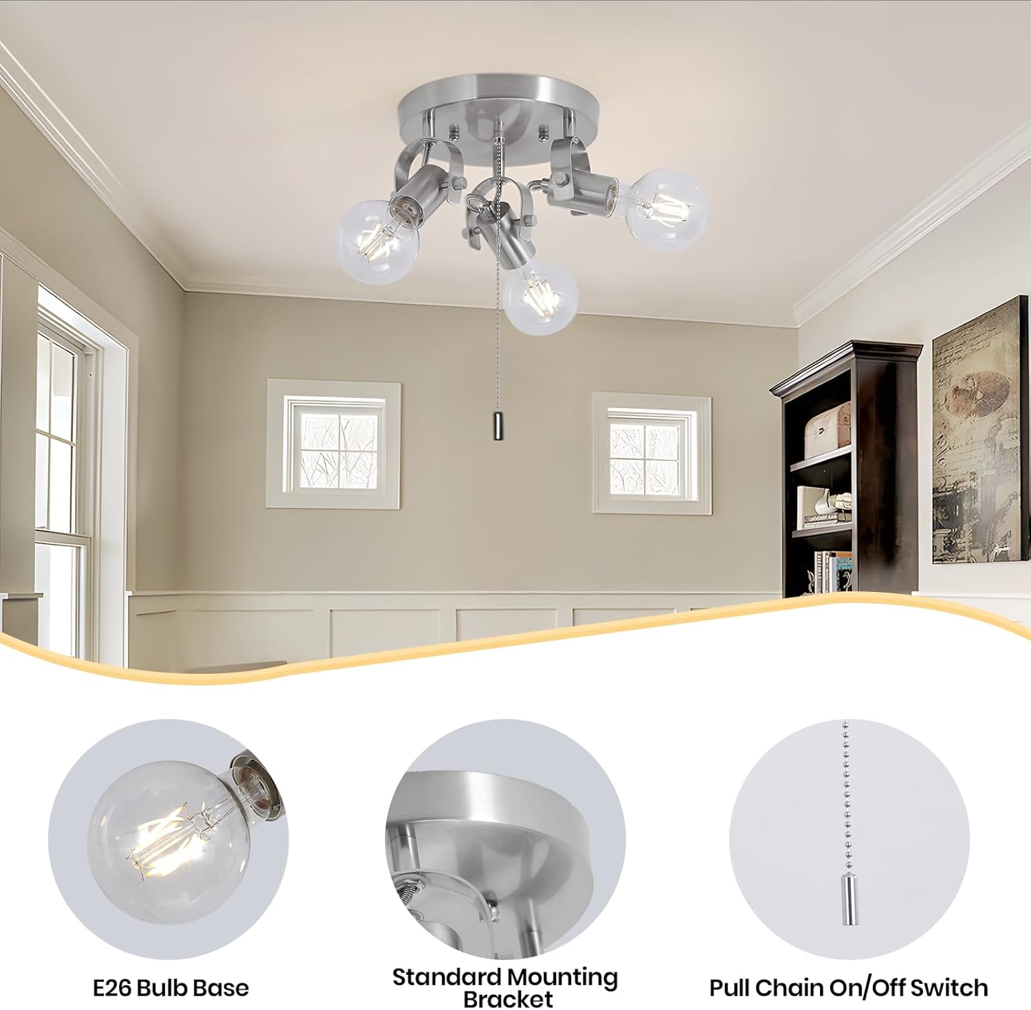 SEEBLEN 3 Light Nickel Flush Mount Ceiling Light with Pull Chain, Industrial Kitchen Ceiling Light with Rotatable Light Head,Nicke Pull String Light Fixture for Bedroom Hallway Kitchen Laundry
