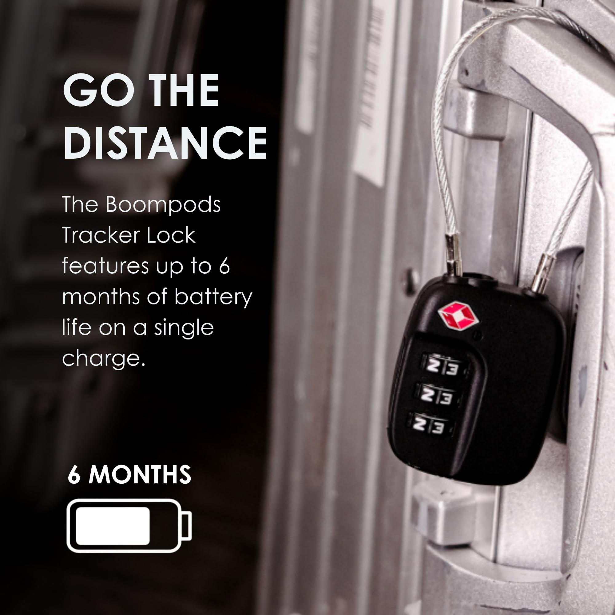 Boompods Cadenas Valise avec Fonction de Localisation - Cadenas Connectée avec Traceur Compatible avec Apple Find My App, Verrou Intelligent TSA pour Valise et Bagages, Batterie Rechargeable - Blanc