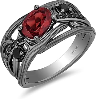 Enchanted Disney Fine Jewelry Black Rhodium over Sterling Silver with 1/10 CTTW Black Diamond and Garnet Evil Queen Dark Woods Ring, Size 8
