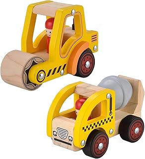 Wooden Push Car Toys for Infants 12-18 Months, 2 Pcs Baby Vehicle Toys Hand Push Car for 1 2 Year Old Boys Girls (Cement Truck + Road Roller)