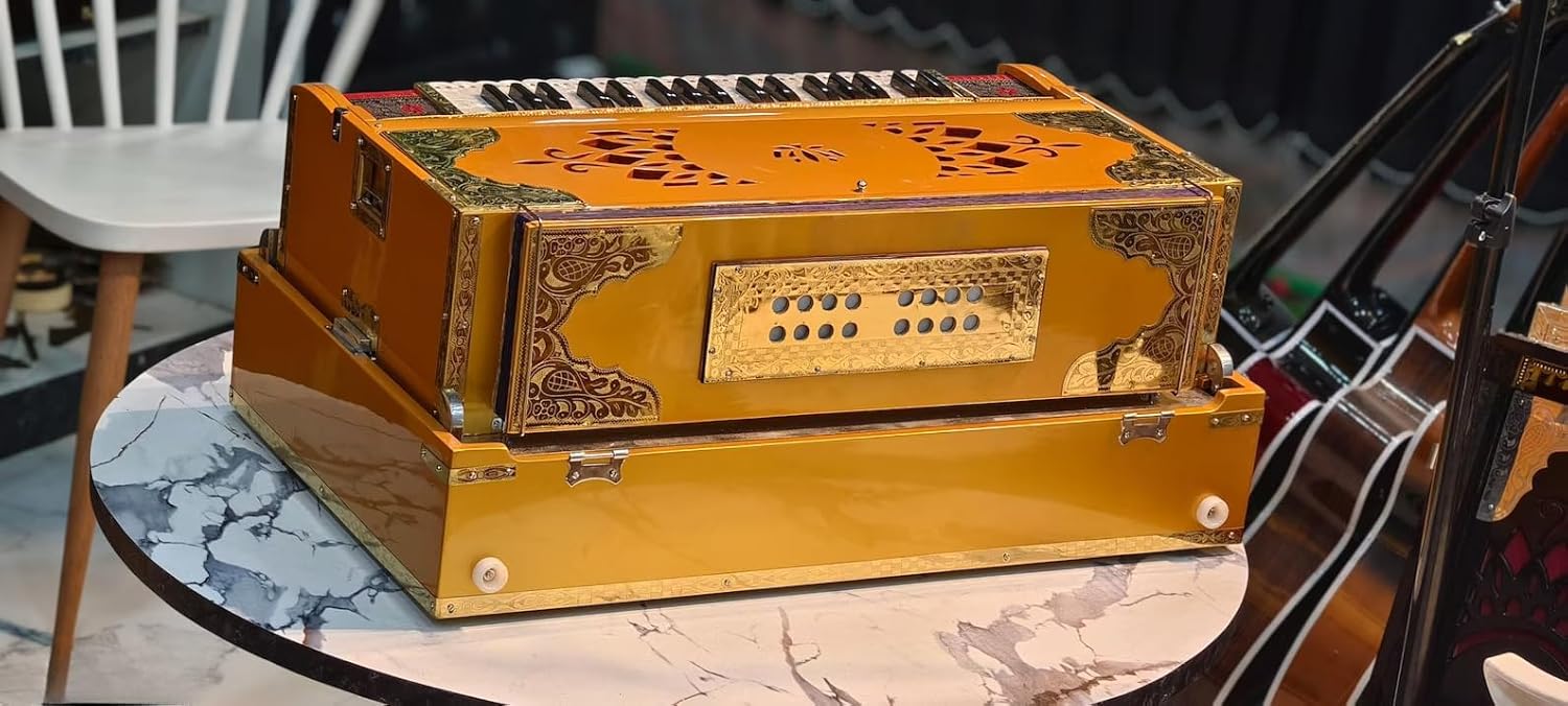 NamasteHimalayas Professional 4-Reed 13-Scale Changer Harmonium with Custom Nameplate With Metallic Gold Finish perfect for Events, Concerts, Kirtan, Meditation and Sound Healing Therapy