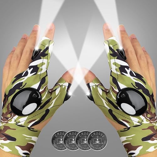 Guantes de pesca con linterna LED para exteriores, con correa elástica, incluye destornillador para reparar vehículos, correr, pesca, campamento y