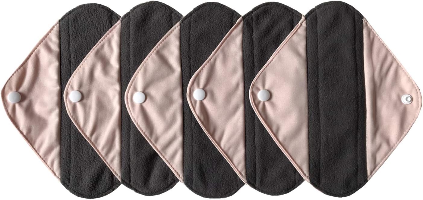 5 Pieces Charcoal Bamboo Mama Cloth/ Menstrual Pads/ Reusable Sanitary Pads (Black lace, Overnight (14 inch))