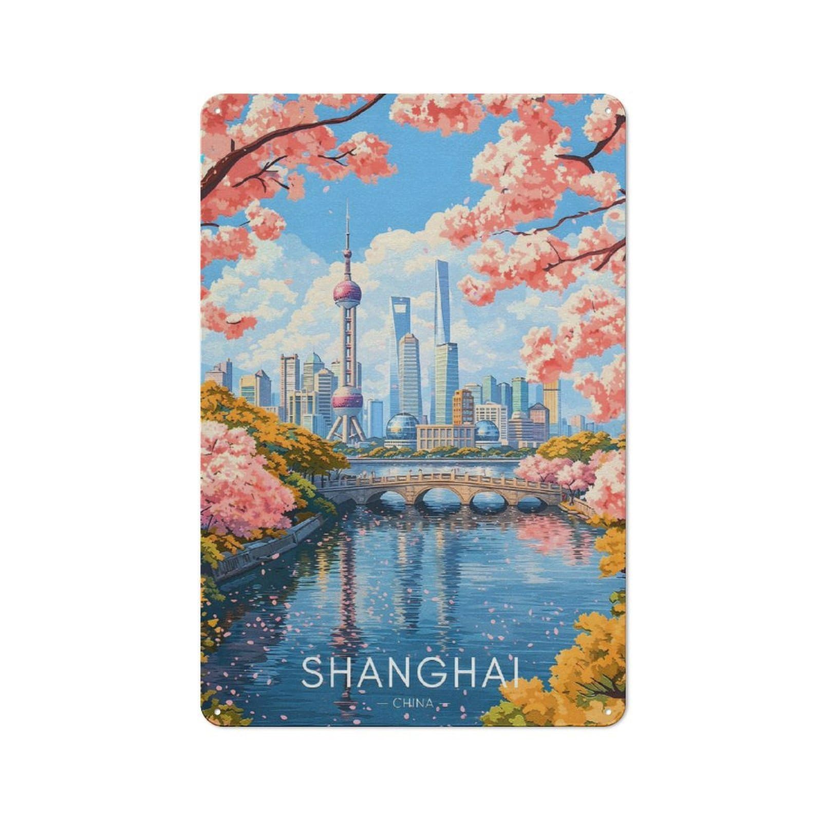 Junmoney Style-3 For Café Or Home Bar, Shanghai Skyline With Cherry Blossoms Retro Metal Plaque 30X20cm, A Winter Wall Decor Update For Café-Style Decor Fans