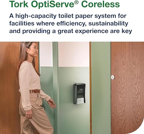 Vista 4 de Tork OptiServe - Dispensador de papel higiénico (2 rollos) sin cilindro de cartón interior, negro T7/T5, dispensador vertical, diseño de elevación +