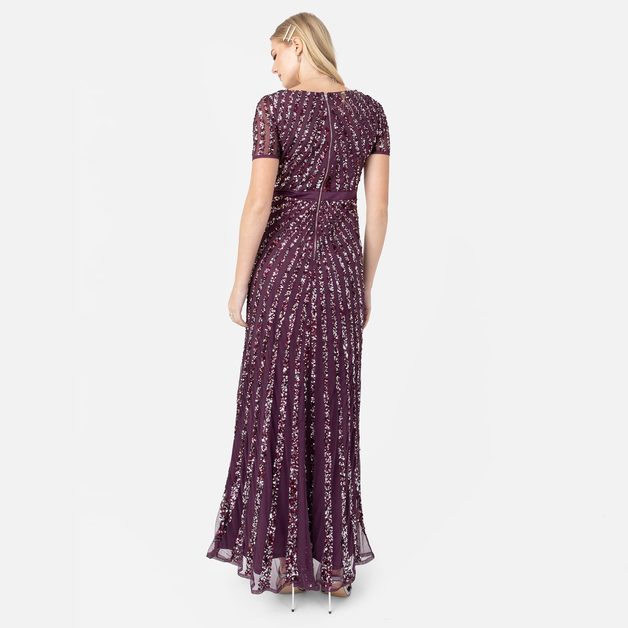 Maya Deluxe Maxi Womens Ladies Embellished Sequin Dress Long Short Sleeve V Neck High Empire Waist A Cut Shiny Prom Weddin Vestido de Dama de Honor para Mujer