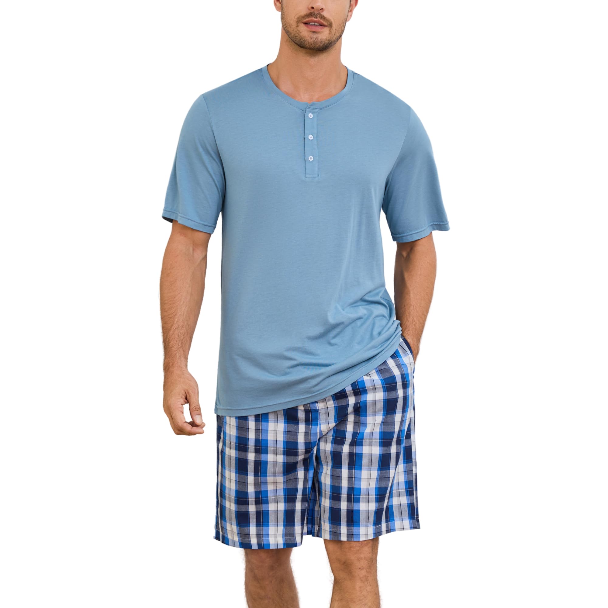 Vulcanodon Mens Pajama Set Short Sleeve, Pajamas Made from Bamboo Pulp Viscose and Cotton Lightweight PJS for Men