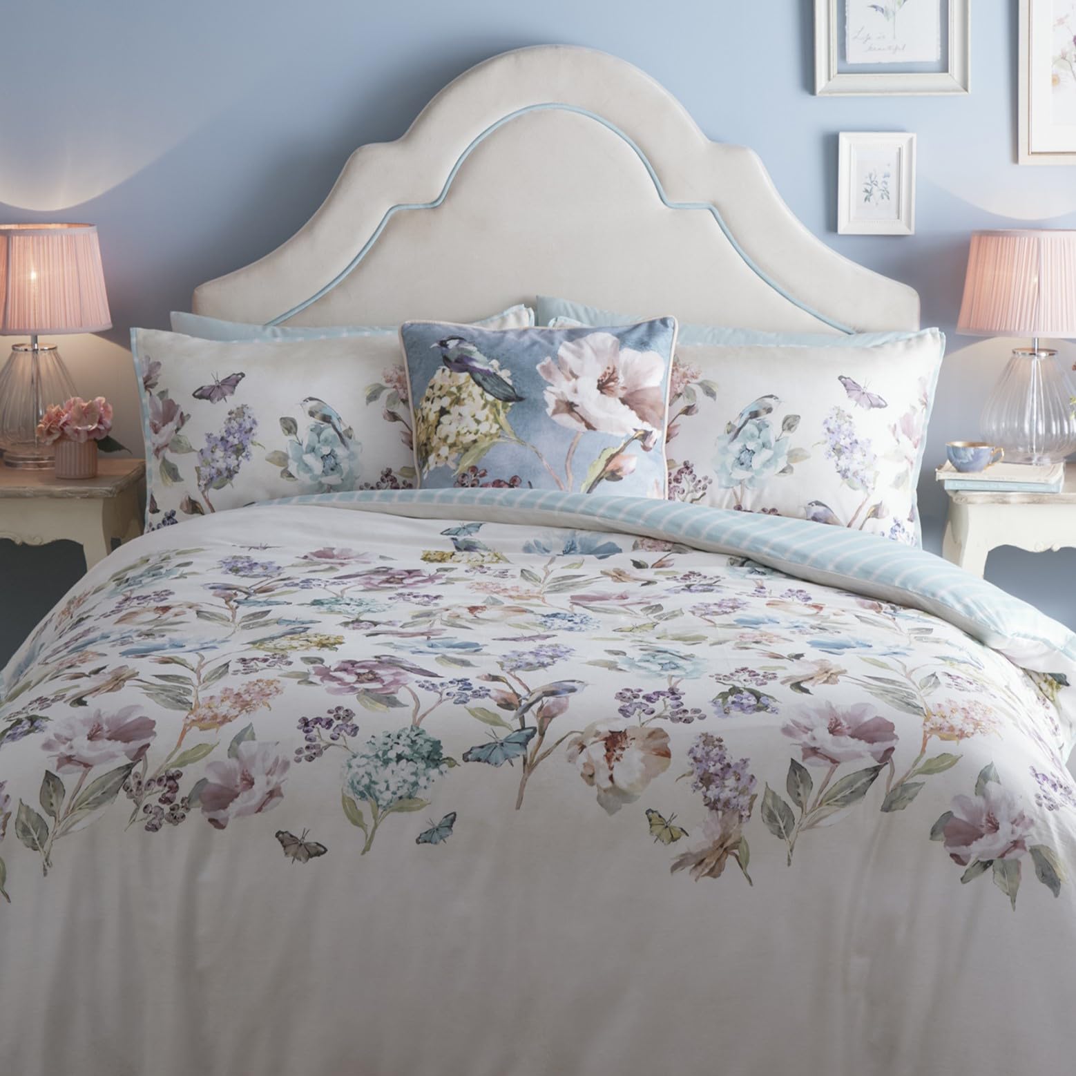 Appletree - Duck Egg Floral & Butterfly Duvet Cover - King Bedding Size (230 x 220cm) - 200 Thread Count - 100% Cotton - Reversible Designs - 2 Pillowcases - Stripe Bedding with Butterflies & Flowers