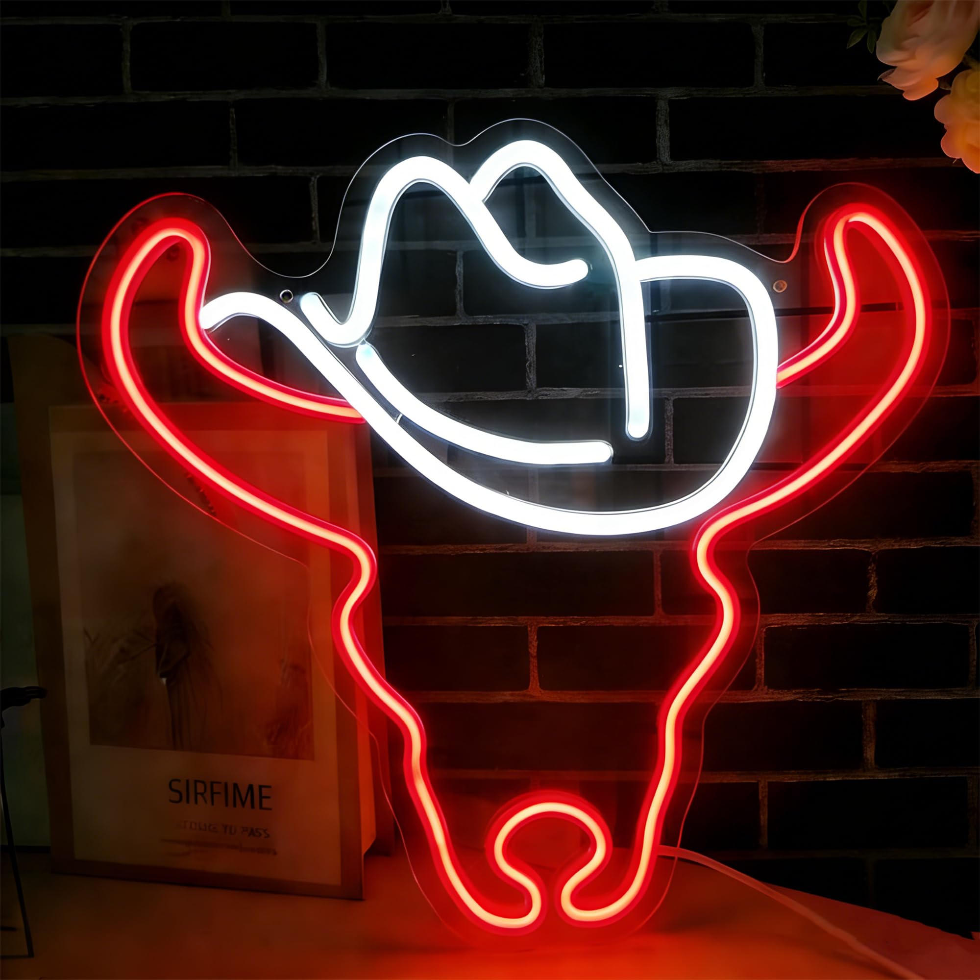 Panneau néon Western Cowboy Bull pour décoration murale, à intensité variable avec chapeau, panneau LED avec 1 chaîne de suspension pour anniversaire, Noël, amateur de rodéo, fêtes de campagne