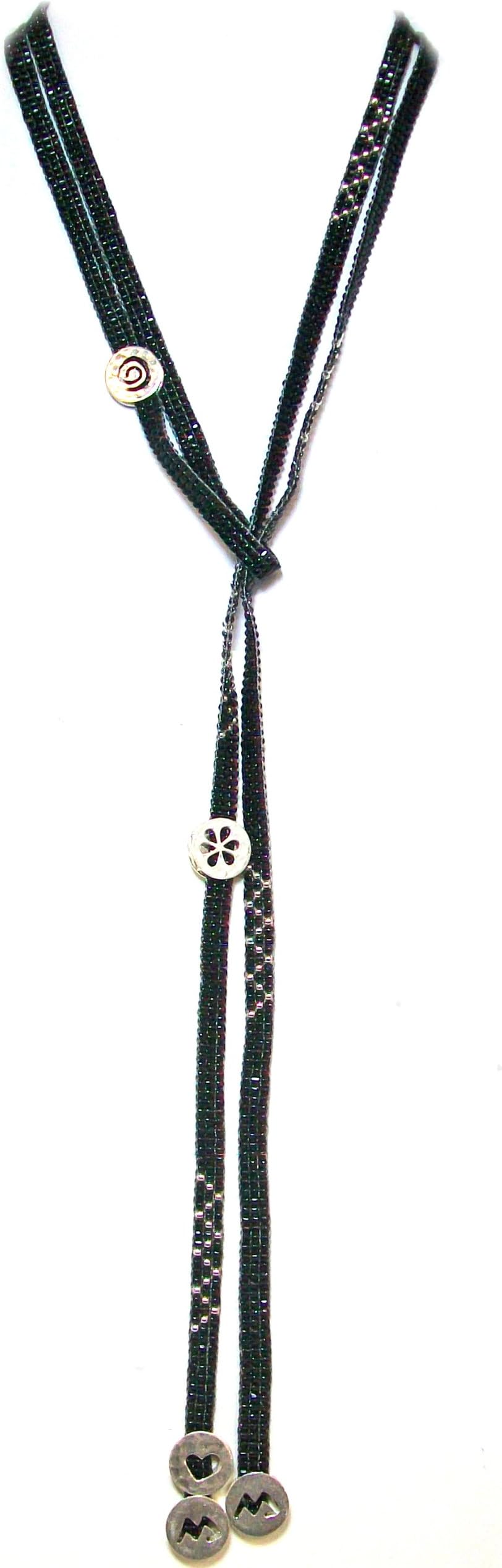Mishky "Sliding Coins" Silver Plated Beaded Lariat Necklace With Black and Metallic Glass Seed Beads