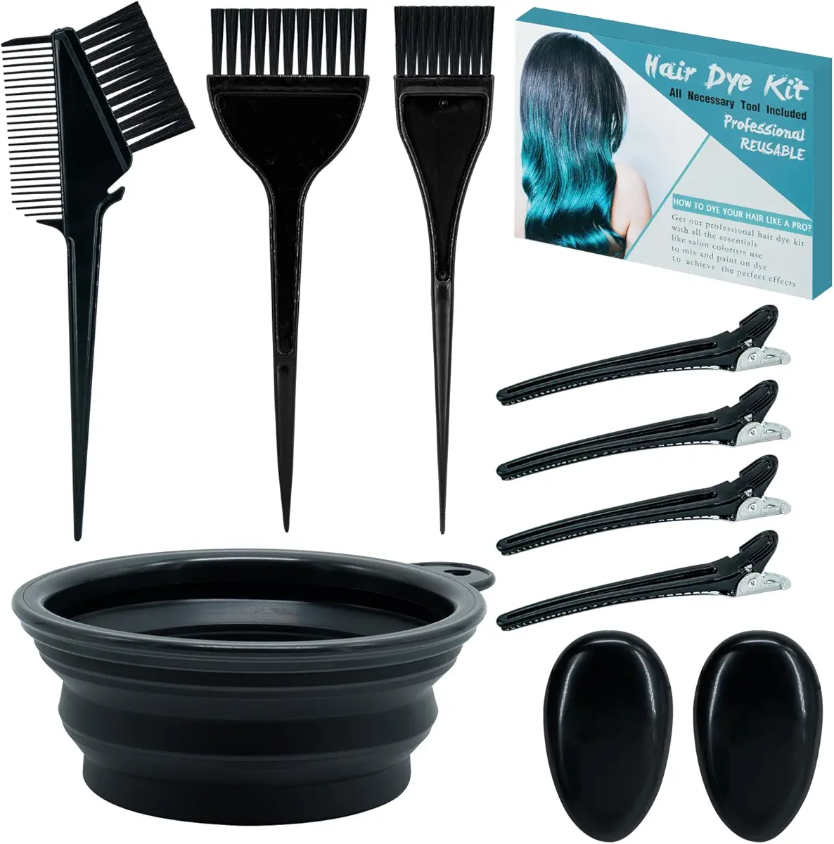 Xarchy Hair Dye Brush and Bowl Set, 10 Pcs Hair Coloring Applicator- Hair Color Mixing Bowls, Hair Dye Brush, Coloring Applicator Brushes, Ear Cover, Hair Clips, for Hair Coloring Hair Bleaching Tools