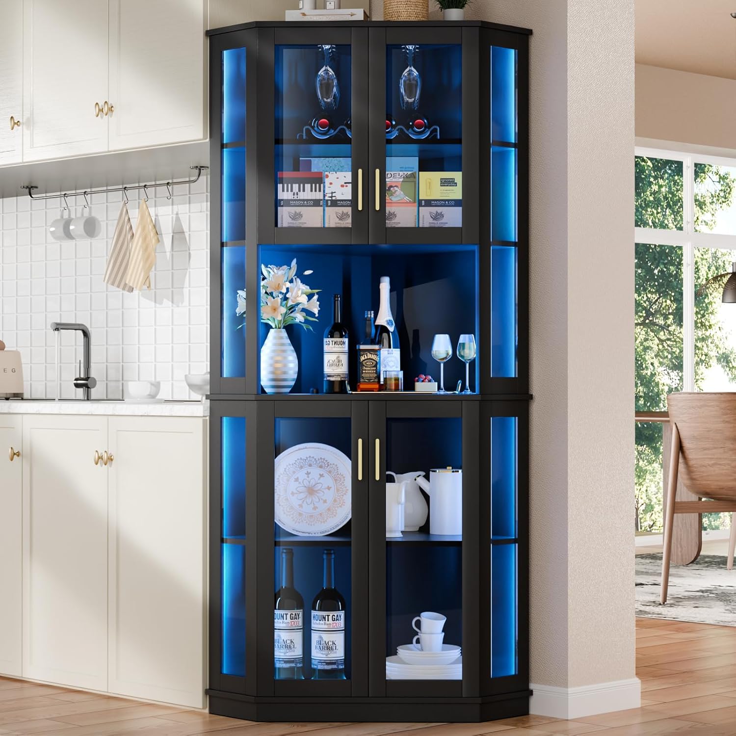 71'' Corner Wine Bar Cabinet with LED Lights,5-Tier Tall Home Liquor Coffee Bar Cabinet W with Tempered Glass Door & Glasses Rack, Alcohol Cabinet Storage Hutch for Kitchen, Living Room, Dining Room