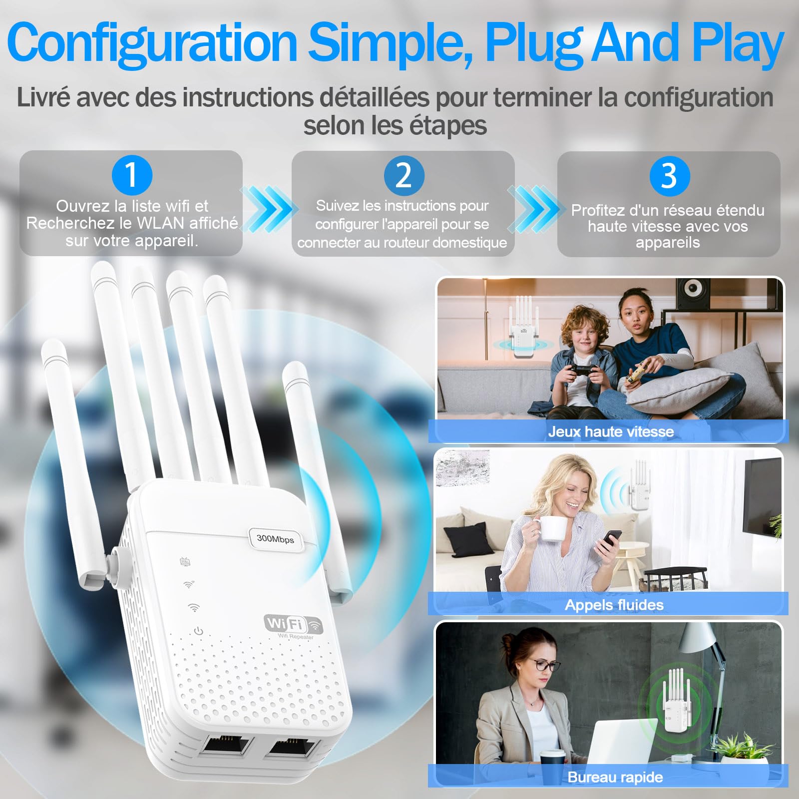Générique Ripetitore WiFi Potente, Amplificatore WiFi, Ripetitore WiFi Esterno, 300 Mbps, 2.4 GHz, 6 Antenne, 2 Porte LAN, Modalità Ripetitore & Router & AP, Copertura WiFi di 300 m², R081