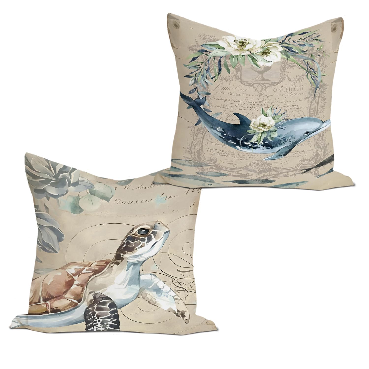 Rusenbao Vintage Coastal Summer Ocean Pillow Covers 18x18 Inch Set of 2 Sea Turtle Beach Decorative Throw Pillow