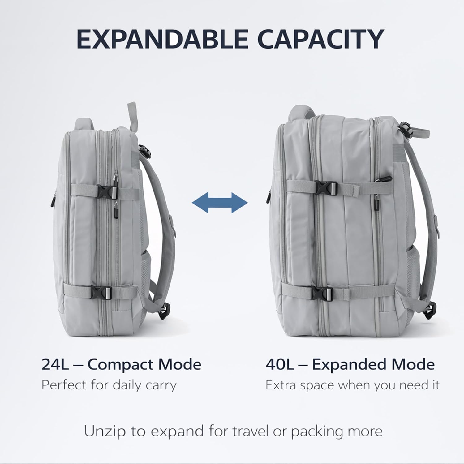 Travel Backpack, Expandable Large Capacity Business Work, Water Repellent Carry On Daypack with USB Charging Port, Fit 17 Inch Laptop, Bag for Men and Women, Grey