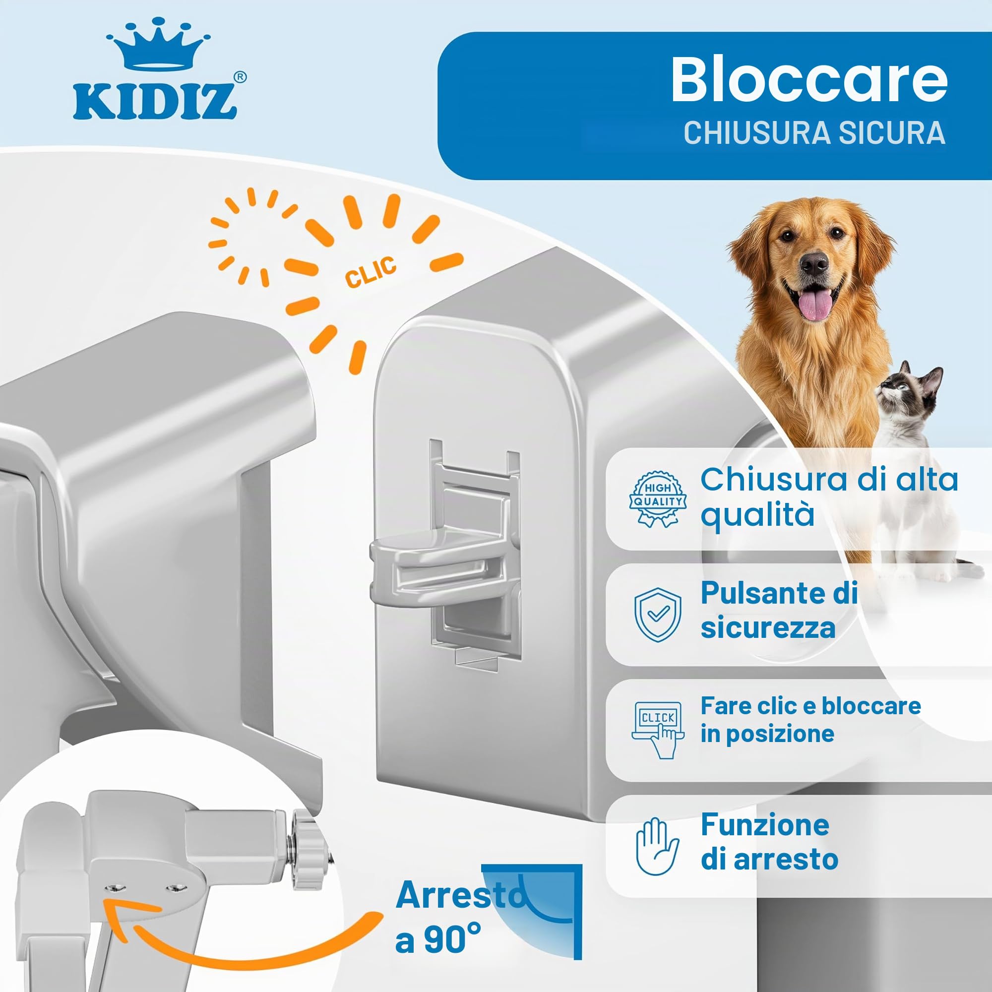 KIDIZ Griglia di protezione per scale senza foratura, larghezza regolabile: 88 – 94 cm, altezza 75 cm, griglia di protezione per porte e cani per bambini e cani, apertura con una sola mano su entrambi