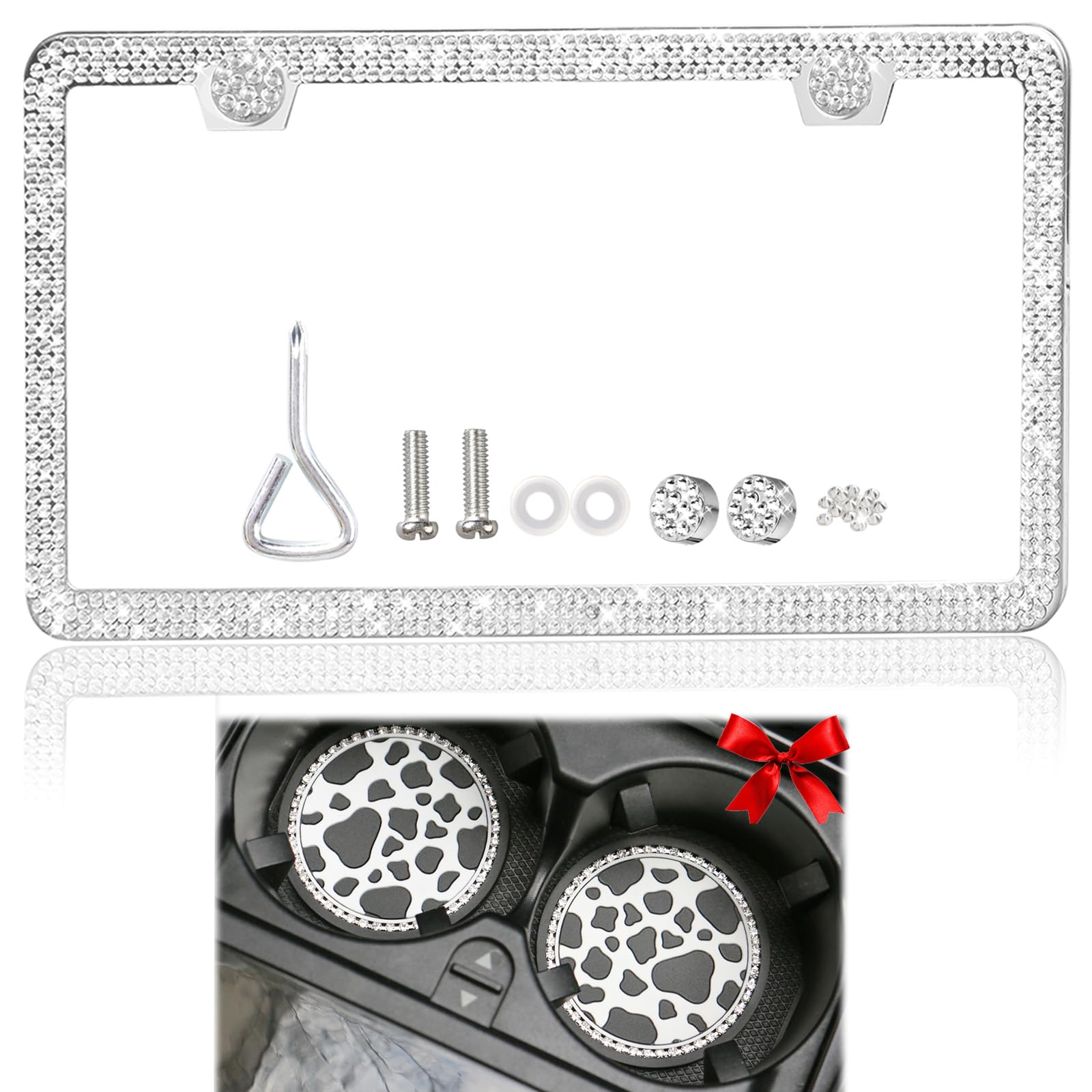 WEDAMER Bling License Plate Frames for Women 1 Pack Sparkly Stainless Steel License Plate Frame Rhinestone Diamond Glitter Bedazzled Sparkle Car