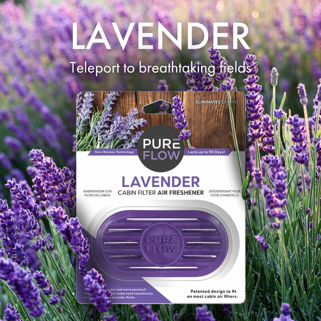 Pureflow Ambientador con filtro de cabina con eliminador de olores, se adapta a la mayoría de filtros de aire de cabina de automóviles, camiones y SUV, lavanda (paquete de 2)