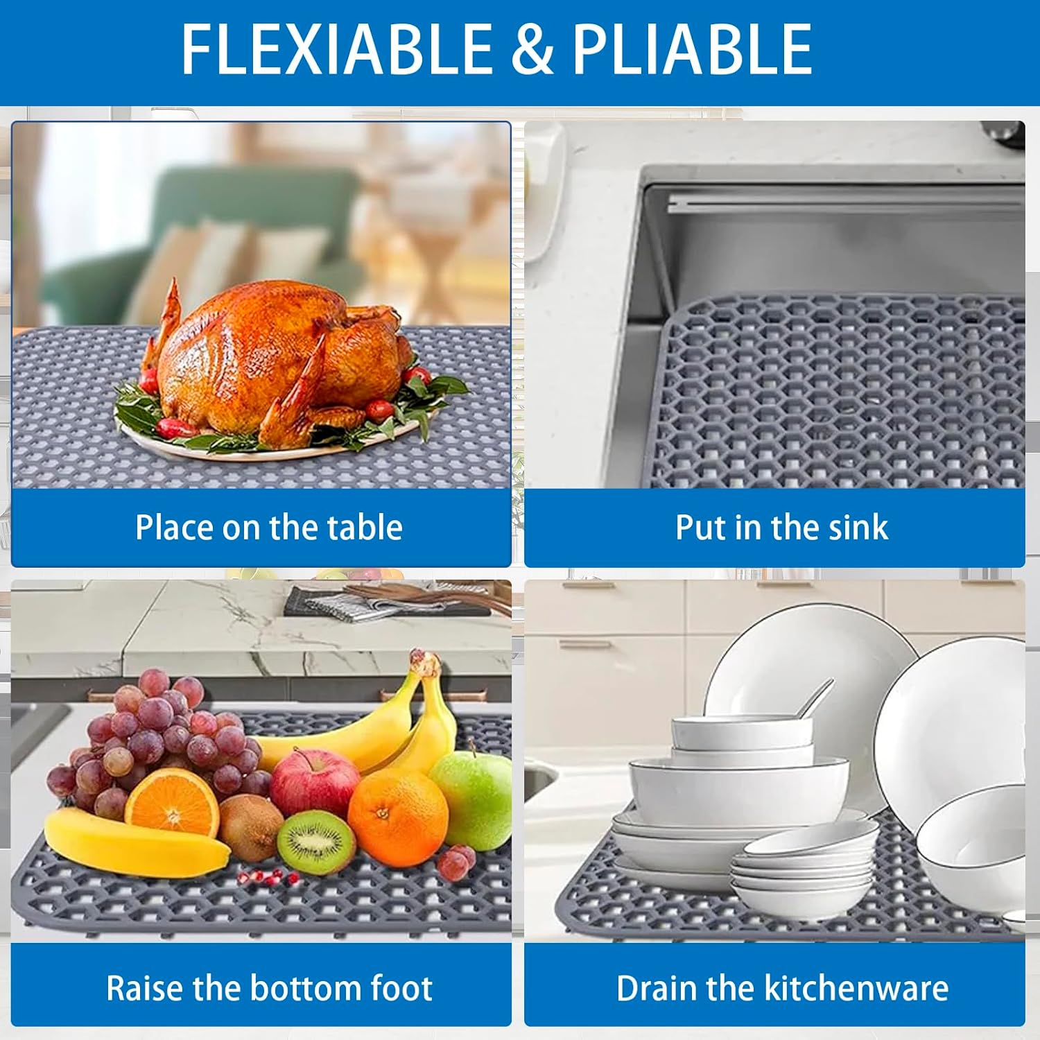 Silicone sink protection pad, suitable for kitchen sink and rear drain -26 inch x 14 inch protective accessories, anti slip and heat-resistant mesh pad, protecting stainless steel sink accessories