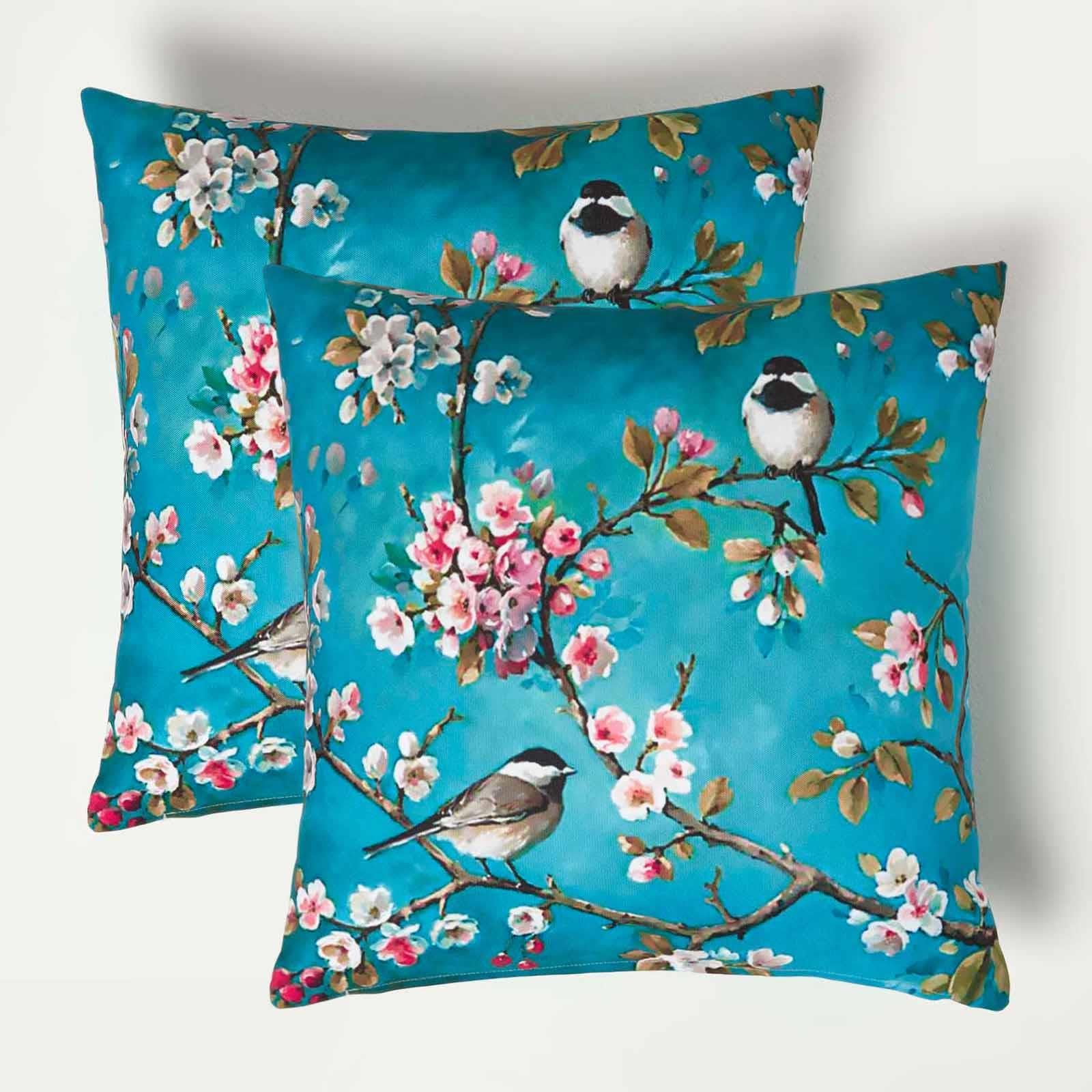 HOMESCAPES Set of 2 Outdoor Cushions Waterproof, Blue Birds & Cherry Blossom Filled Garden Cushion, Hypoallergenic Polyester, Decorative Pillows for Indoor & Outdoor Patio, Benches & Sofa - 45 x45cm
