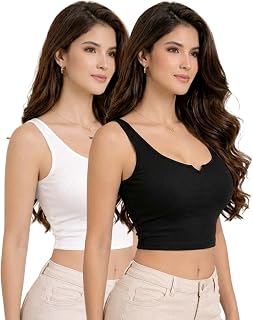 AULBO Women's Ribbed Notch Neck Crop Top (Pack of 2) | Sleeveless Slim Fit Black & White Tank Tops | Trendy V-Cut Neckline... Price In India