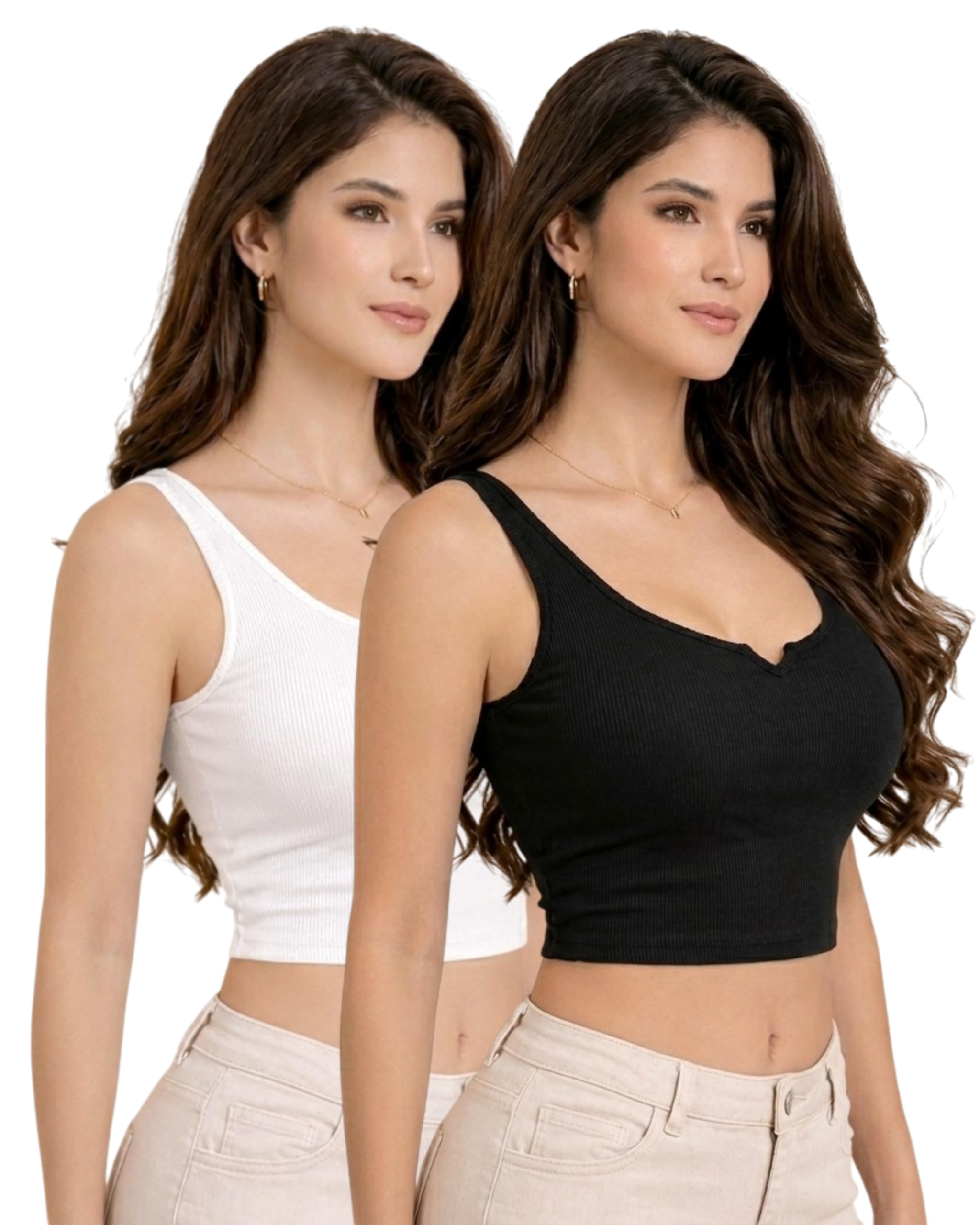 Women's Ribbed Notch Neck Crop Top (Pack of 2) | Sleeveless Slim Fit Black & White Tank Tops | Trendy V-Cut Neckline Summer Casual Aesthetic Tops for Girls discount deal