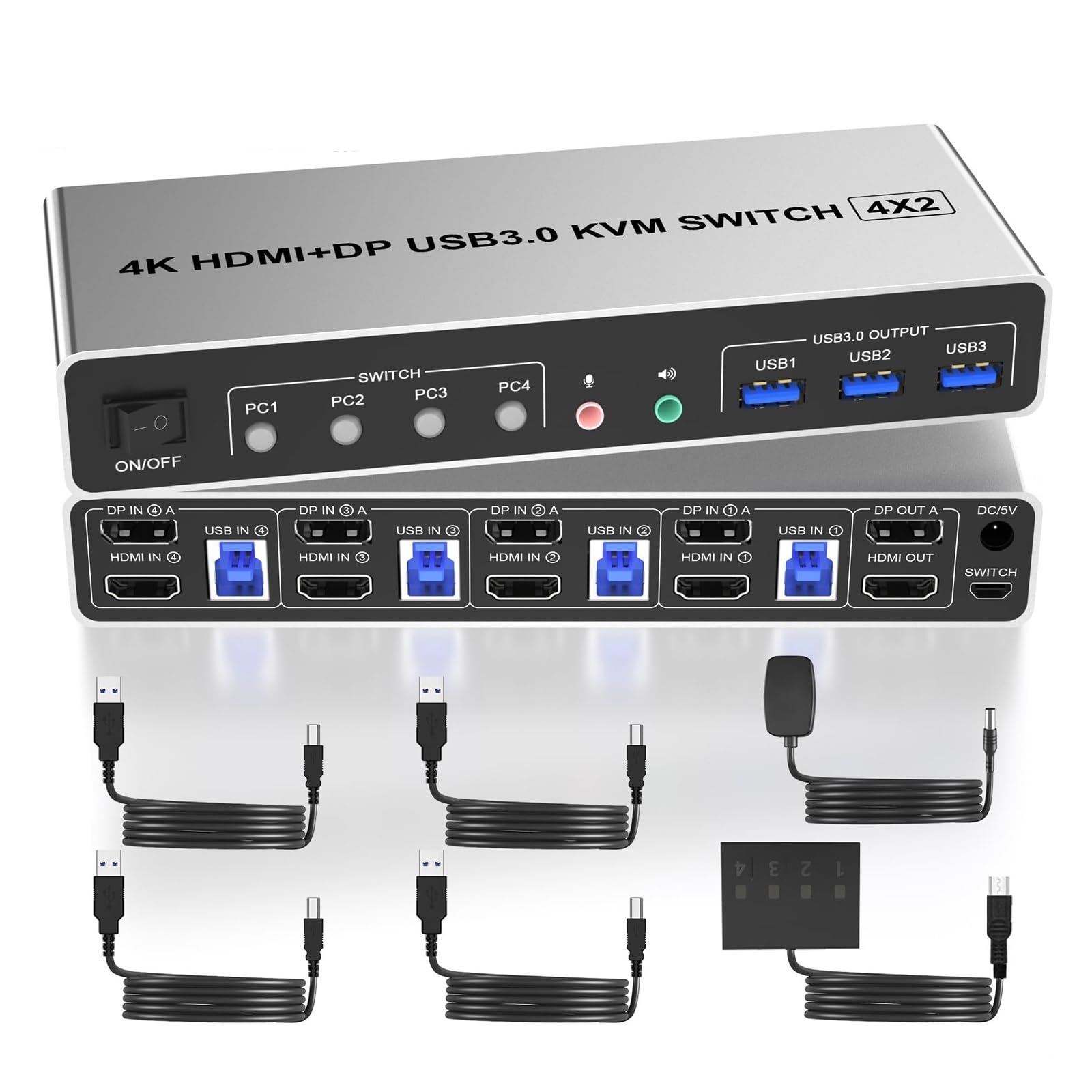 4K @ 60Hz USB 3.0 Displayport + KVM Switch 2 moniteurs 4 ordinateurs, 4 ports double moniteur + DP commutateur de moniteur for 4 PC,Commutation en douceur