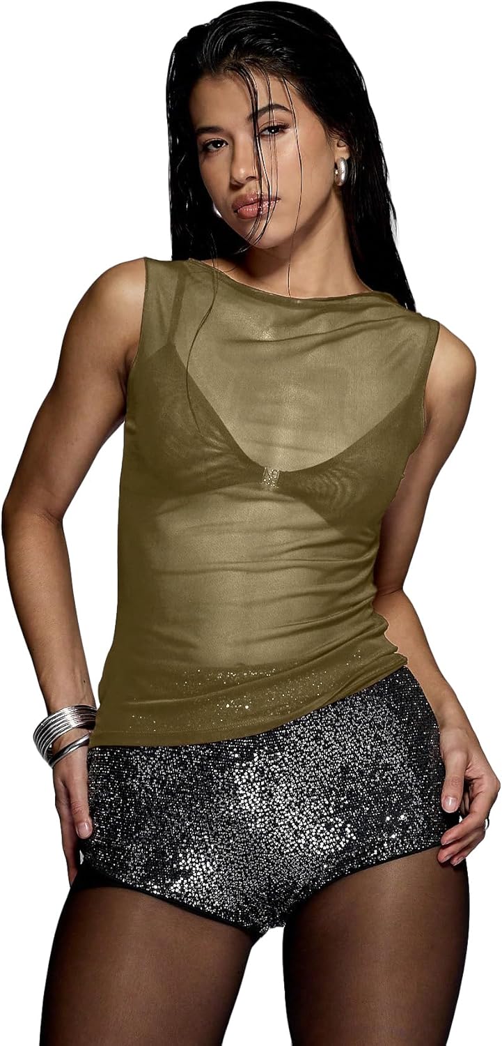 Women's Sheer Mesh Tank Top Sleeveless Slim Fit Fitted Summer Shirts Going Out Tops