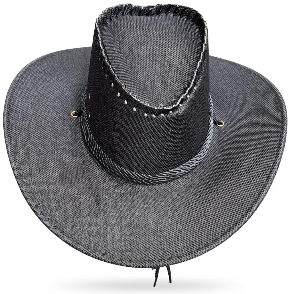 Black Handcrafted Western Cowboy Hat, Wide Brim, Rope Band Detail, for Beaches, Concerts and Boho Fashion-picture-26