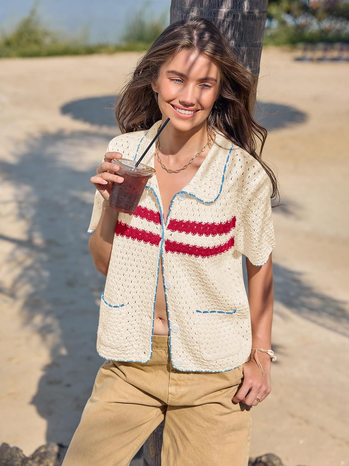 Yousify Womens Striped Short Sleeve Sweater Casual Knitted Button Down Crochet Cardigan Vintage Y2k Hollow-Out Tops - Image 2