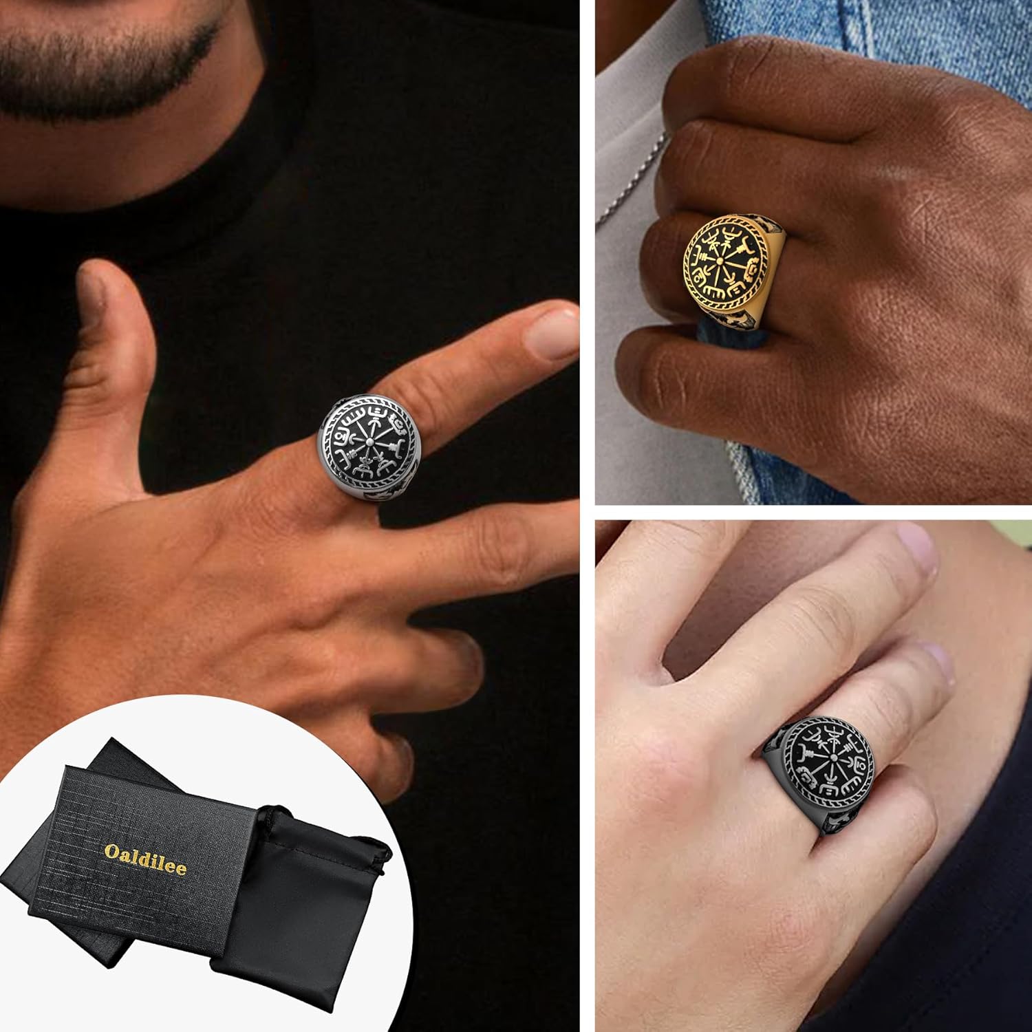 Nordic Battle Axe Ring Viking Vegvisir Pirate Compass Rings Stainless Steel/18K Gold Plated/Black Norse Symbol Vintage Jewelry for Men Women Send Gift Box - Image 5