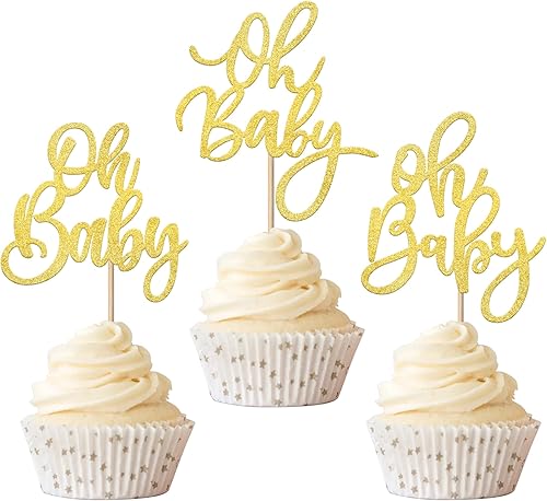 Rsstarxi Paquete de 24 adornos para cupcakes Oh Baby con purpurina dorada para baby shower, para celebrar baby shower, fiesta de cumpleaños de