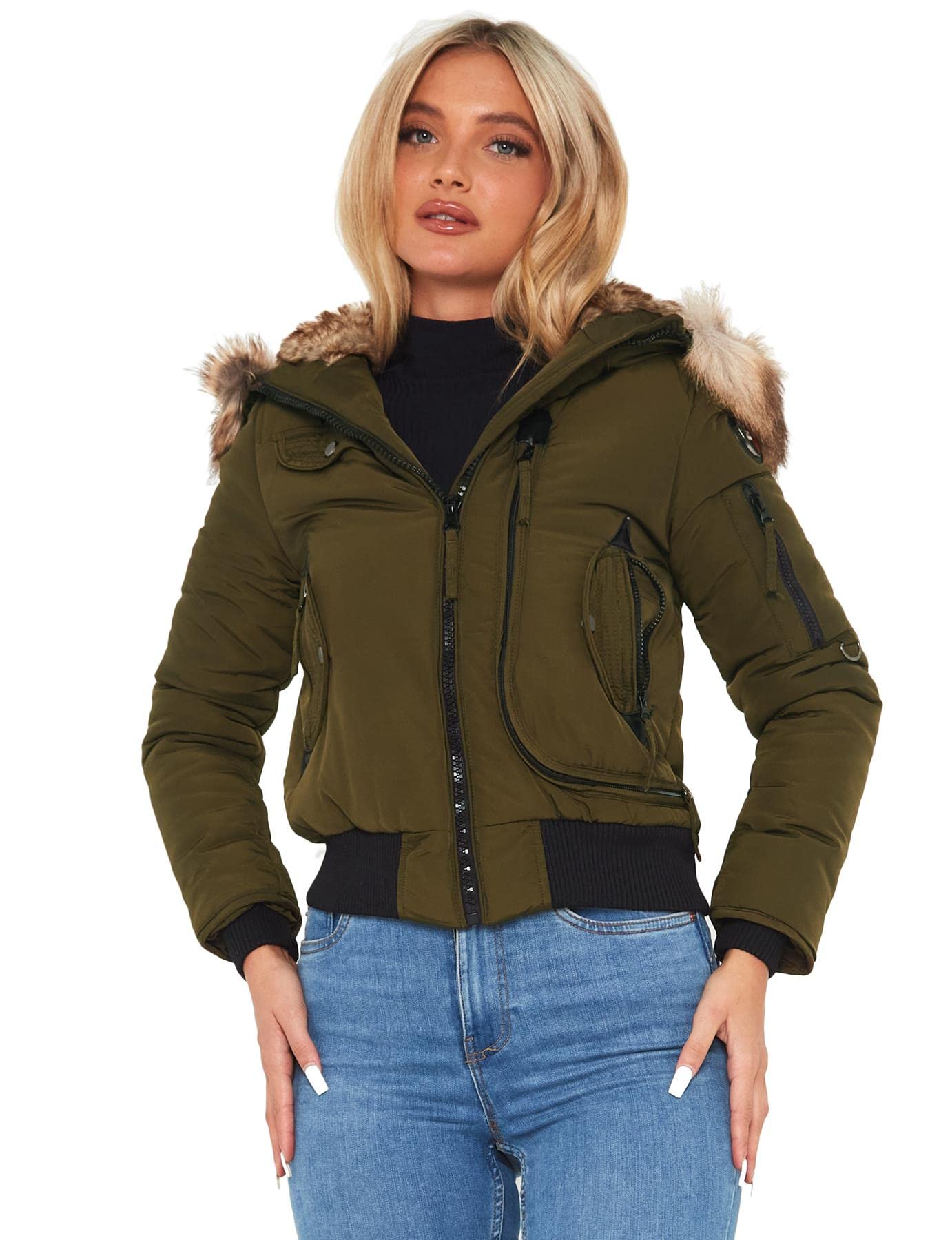 SS7 Womens Puffer Jacket Faux Fur Hooded Coat Khaki