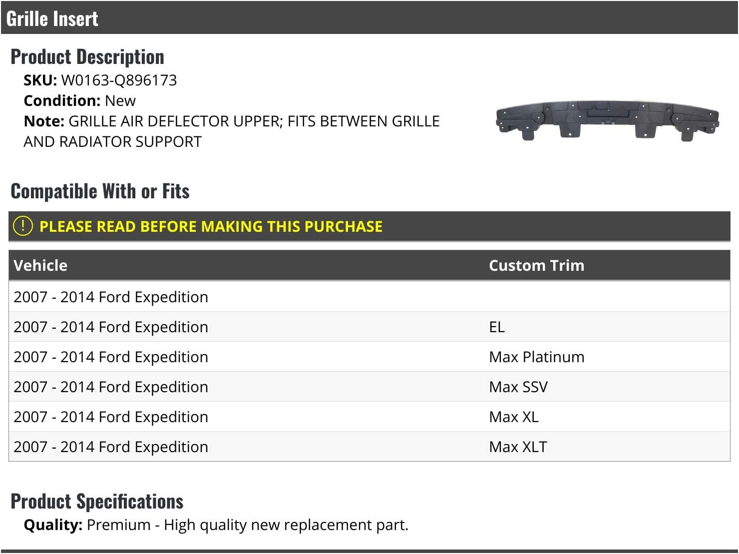 Upper Grille Insert - Compatible with 2007-2014 Ford Expedition