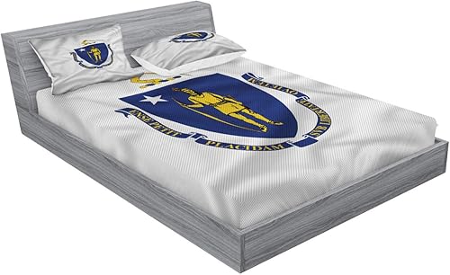Miniatura 2 de Lunarable American Fitted Sheet & Pillow Sham Set, Massachusetts Flagg Holds a Bow and Pointing Downward Arrow, Decorative Printed 3 Piece Bedding