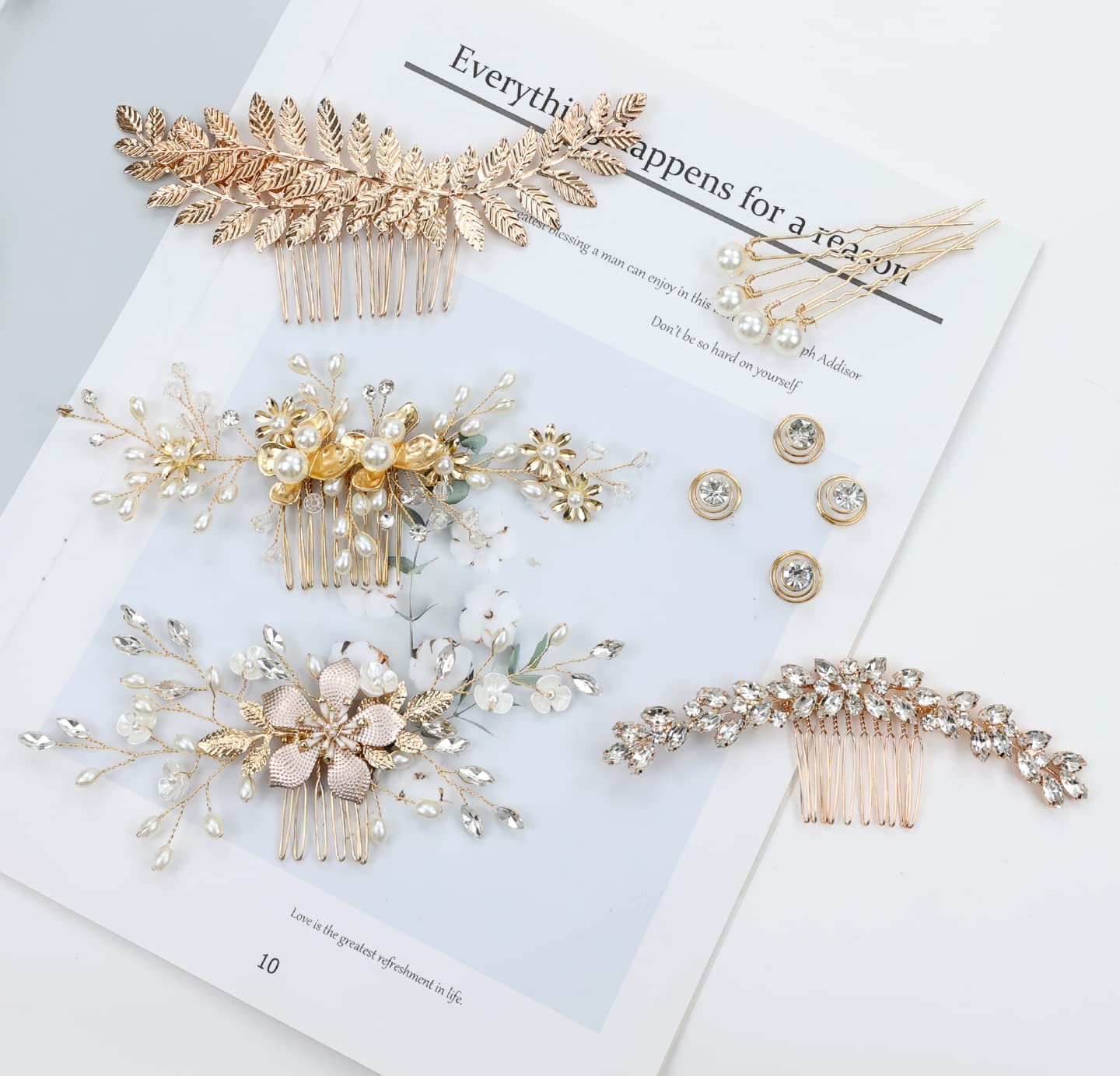 inSowni 36 Pack Gold Flower Leaf Bridal Wedding Hair Side Combs+U-shaped Pearl Hair Pins+Spiral Rhinestone Hair Clips Barrettes Prom Headpieces Hair Accessories for Brides Bridesmaids Women Girls - Image 8