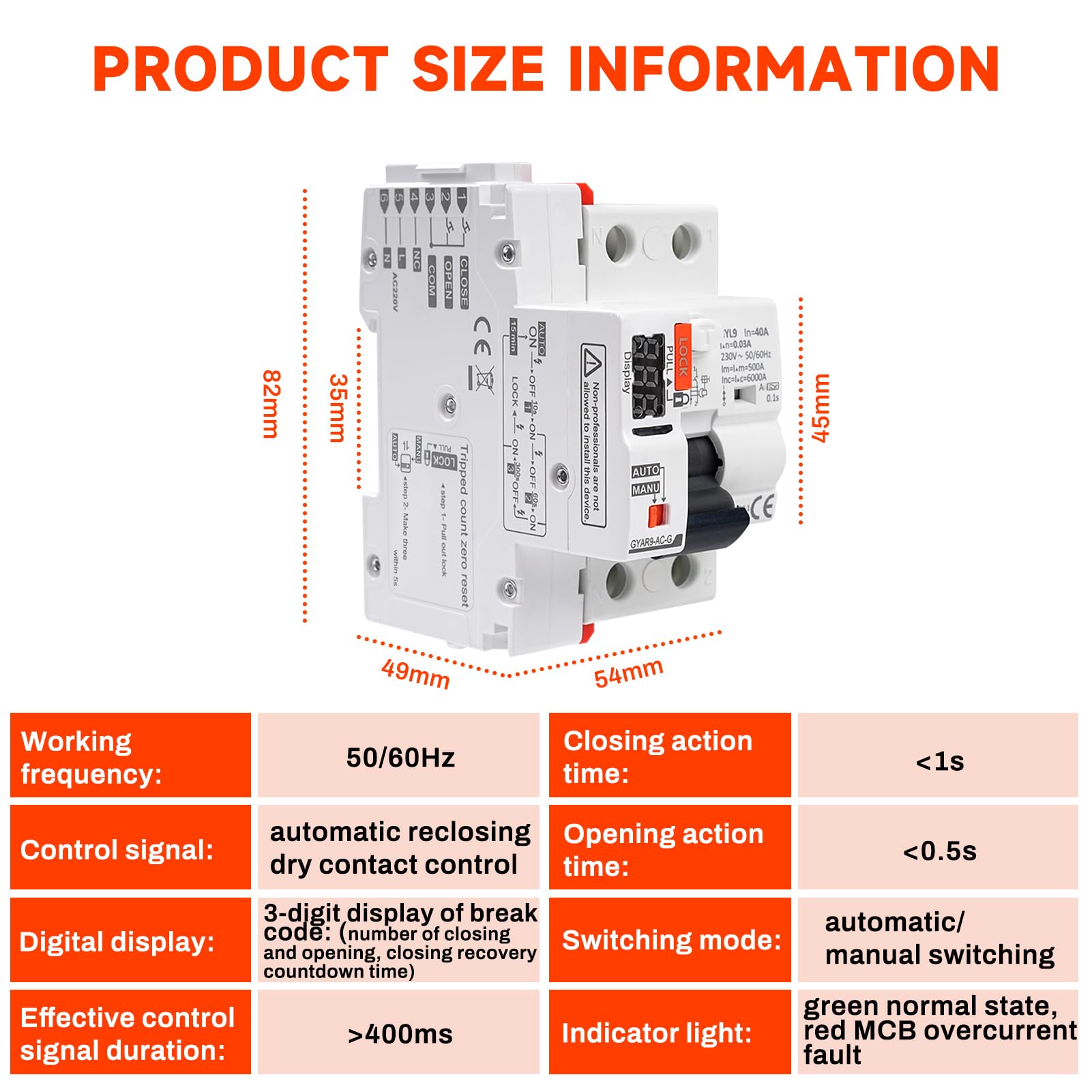 Interruttore Differenziale a Riarmo Automatico con display a LED,40A 30mA 2P AC230V Salvavita con Riarmo Automatico RCCB Salvavita Riarmo Automatico(30mA Type A)