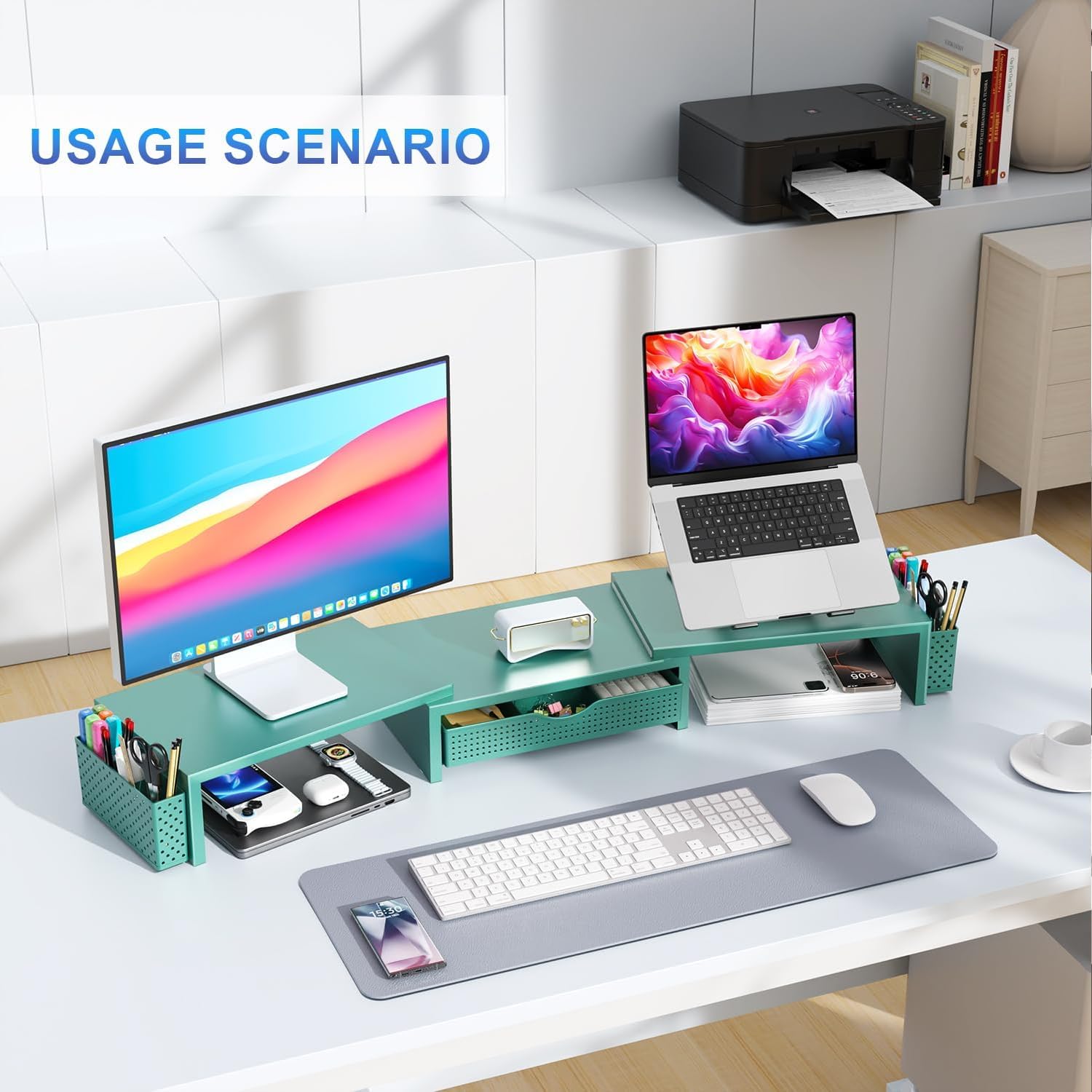 gianotter Dual Monitor Stand Riser, Desk Organizer With Drawer and 2 Pen Holders, Monitor Stand for Desk, Office Decor Essentials (Green) thumbnail